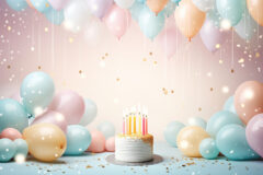 light pastel-colored birthday background with a cake and candle
